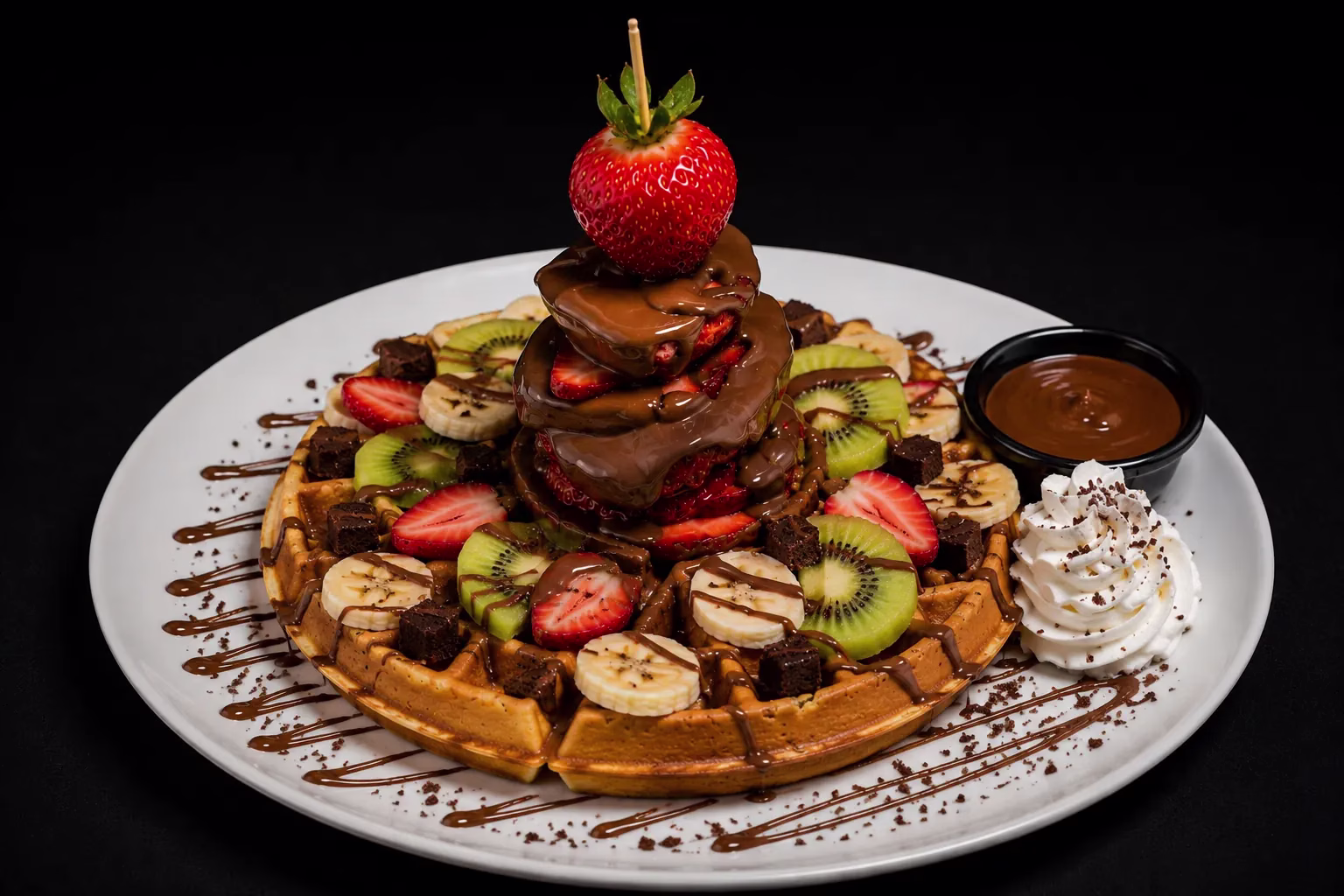 Belgian waffle with chocolate drizzle and fresh fruit at FRIES B4 GUYS in Allston, Boston