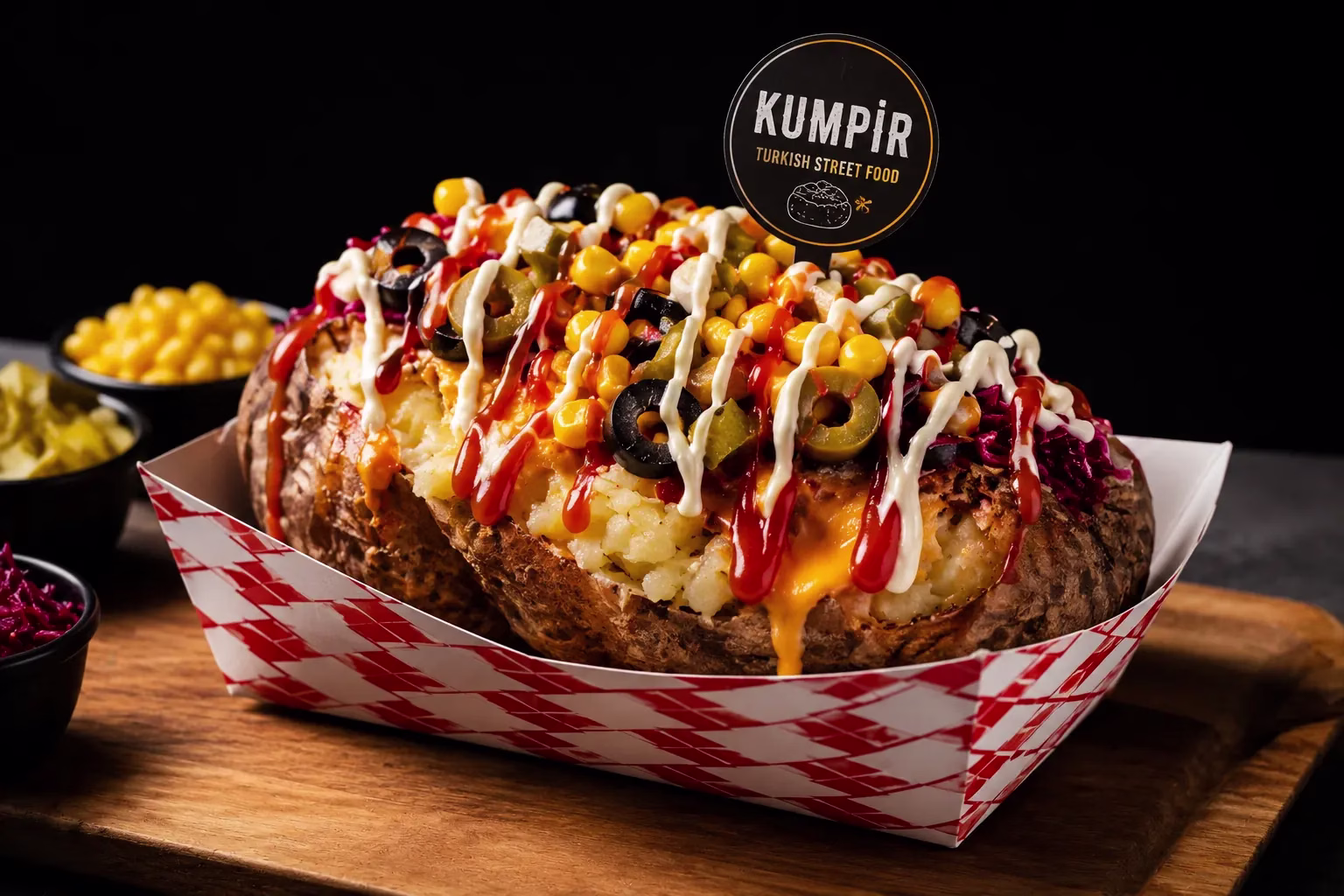 Loaded Turkish kumpir baked potato at FRIES B4 GUYS in Allston, Boston, available in-store only