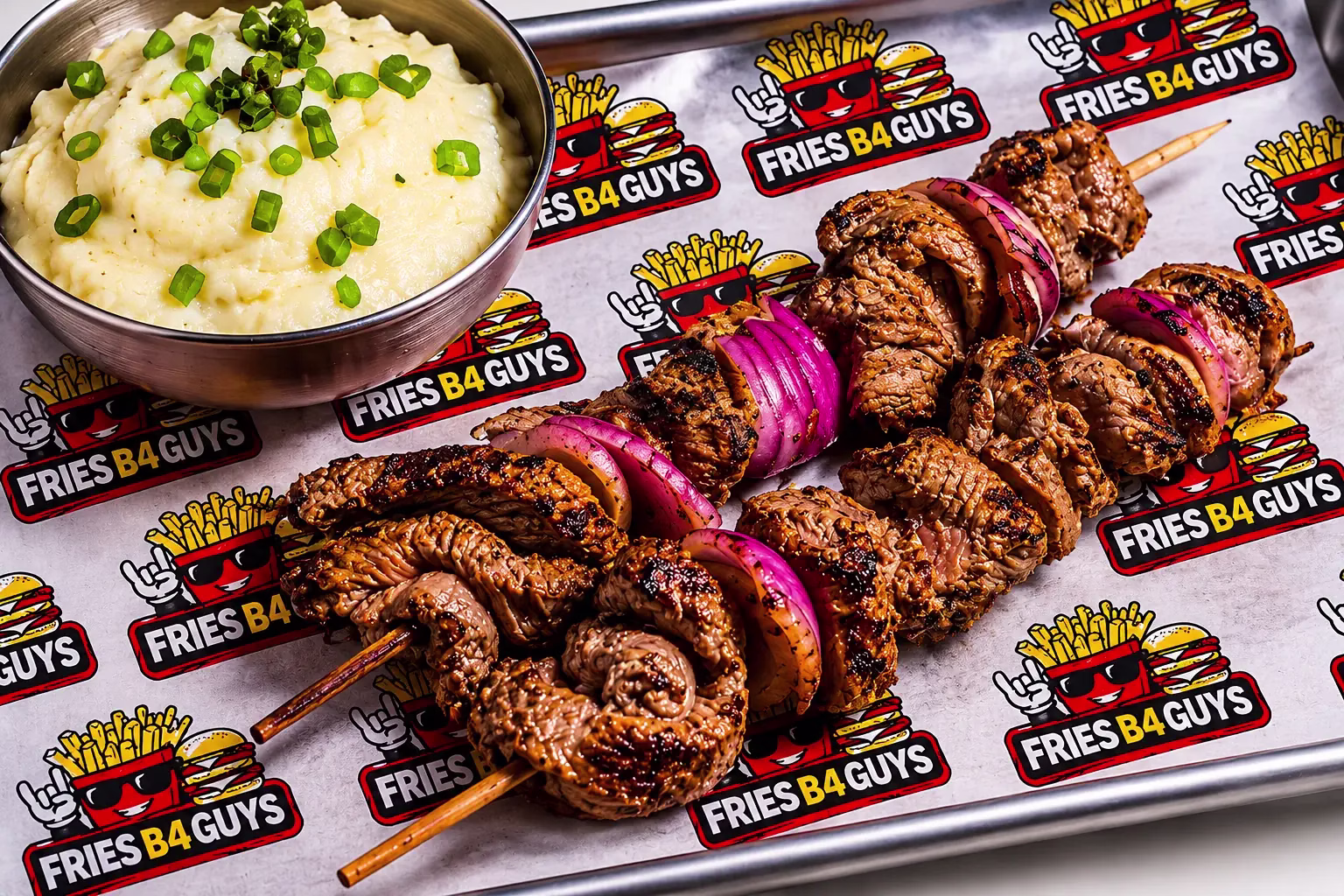 Single prime steak skewer, halal picanha, at FRIES B4 GUYS in Allston, Boston