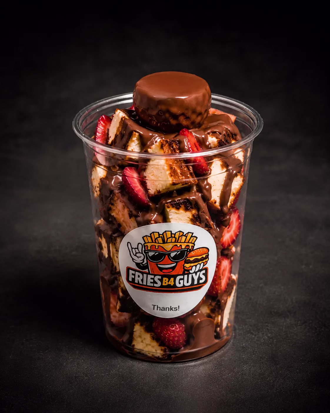 San Sebastian cheesecake cup with fruit and Nutella at FRIES B4 GUYS in Allston, Boston
